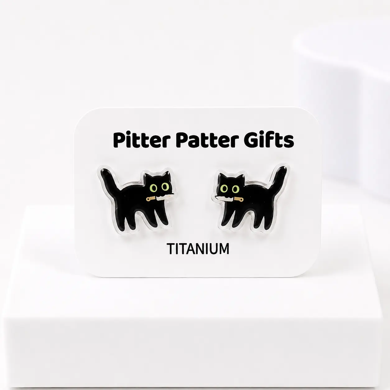 Black Cat with Knife Earrings, Funny Void Gift, Acrylic Studs, Hypoallergenic Titanium Posts