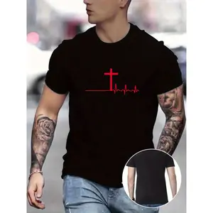 Men's T-Shirt with Cross Pulse Print - Knit Polyester Blend Crew Neck Tee, Regular Fit with Slight Stretch, Breathable Comfort - Seasonal Top for Men Casual Cotton Aesthetic Baseball Basic Black Menswear Cap Cargo Cargo Pants trendy outdoor wear coloful