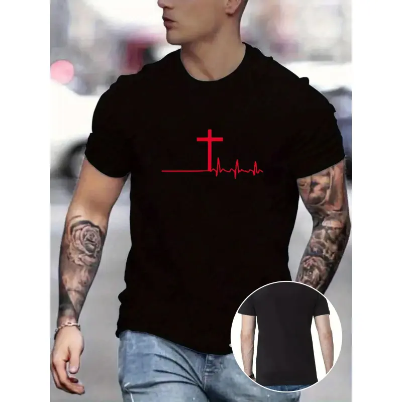 Men's T-Shirt with Cross Pulse Print - Knit Polyester Blend Crew Neck Tee, Regular Fit, Slight Stretch, Breathable Comfort, 180G Cotton, Ultra-Soft, Moisture-Wicking, Versatile for Gym & Casual Wear