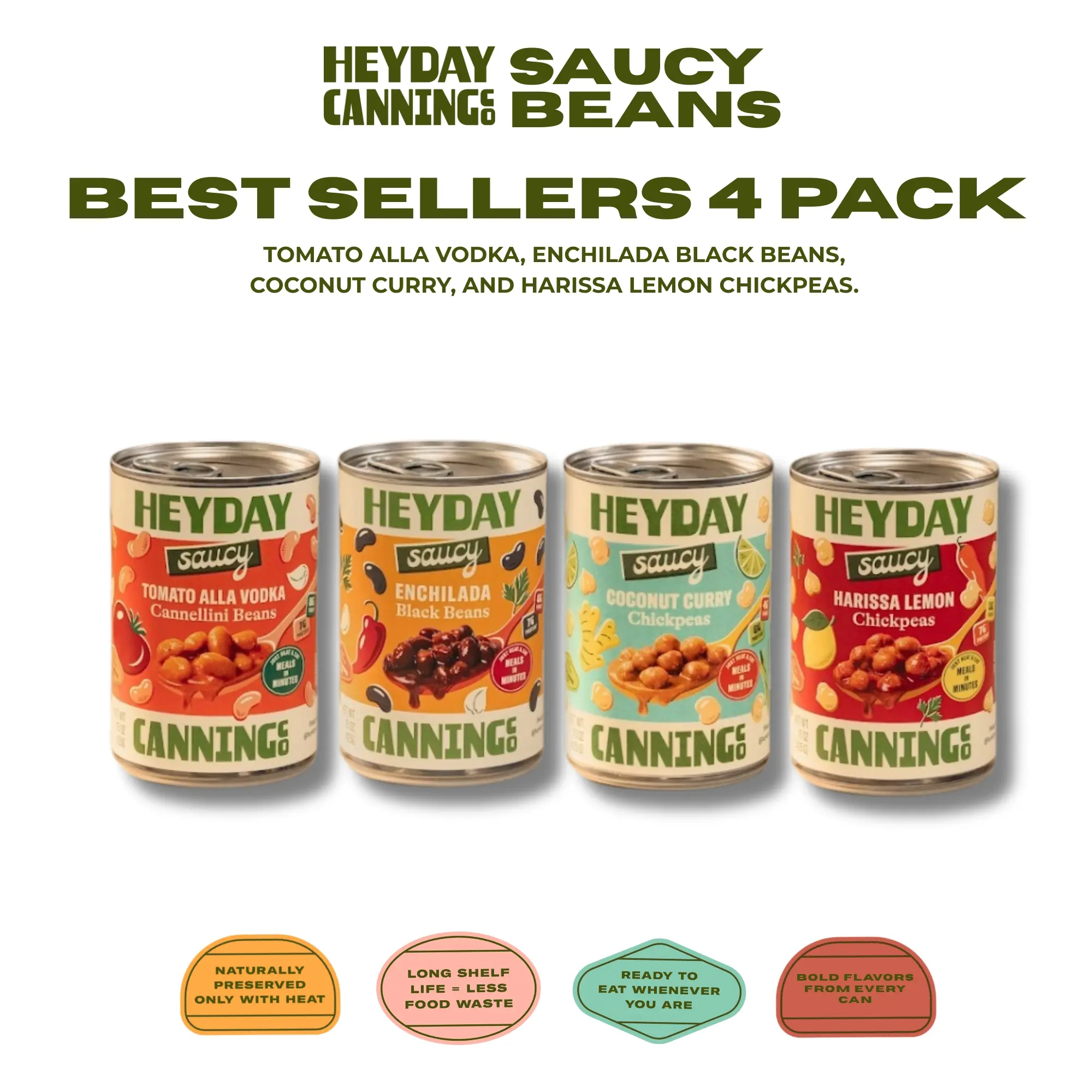 Heyday Saucy Beans Best Sellers 4-Pack - Harissa Lemon Chickpeas, Coconut Curry Chickpeas, Enchilada Black Beans & Tomato Vodka Cannellini Beans