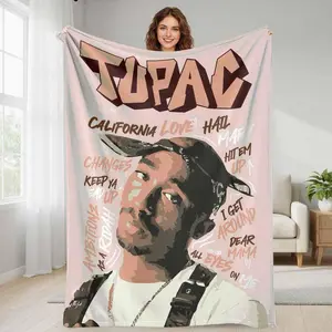 Tupac Hip Hop Typography Art Print Flannel Weave Blanket, Ultra-Soft Modern Polyester Fiber Throw, Multi-Size, Cozy Warm Lightweight, Machine Washable, Ideal for Bedroom, Perfect Gift Decor,summervibes