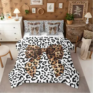 Leopard Print Bow 7 Piece Bedding Set,Girls Women Black White Cheetah Bowknot Comforter Bed Set,Teens Coquette Bows Sheets,Kids Bow Tie Ribbon Bed Set