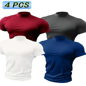 [Stylish T-Shirts] 4pcs Breathable, Comfortable Men's Summer Turtleneck Short Sleeve T-Shirts | Solid Colors (Black, Dark Gray, Maroon, Blue) for Casual Wear, Everyday Tshirts, Sporty Look