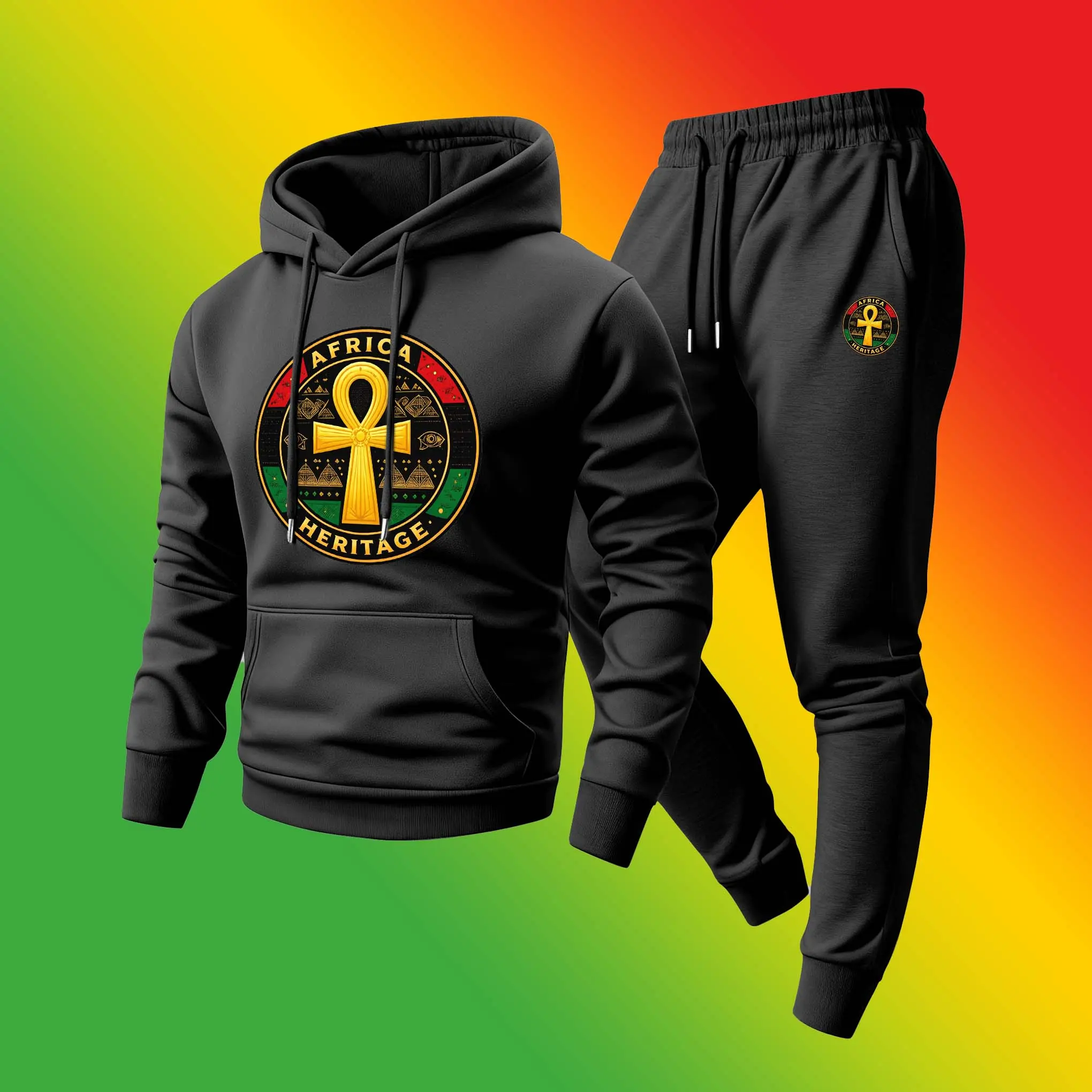 Men's Black History Month Print Hoodie and Drawstring Sweatpants Set, Menswear, Casual Athletic Long Sleeve Hooded Jacket & Trousers for Fall & Winter, Men's Clothing for Daily Wear, Sportswear Indoor Outdoor, Tracksuit, Athleisure