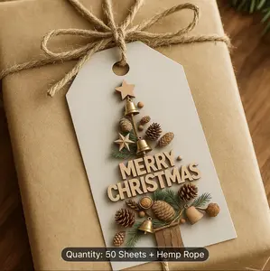 50pcs Christmas Gift Tags with Twine - Elegant Wood Grain Texture & Pine Cone, Bell Silhouette, "Merry Christmas" Design for Holiday Gift Wrapping, Durable and Easy to Write, Vintage Christmas Tags, Essential for Enthusiasts, Christmas Sticke