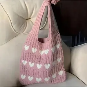 Crochet Handbag Heart Shaped Tote Bag Y2k Aesthetic Knitted Love Bag Beach Tote Bag Hippie Bag Women Everyday Style Practical Casual Trendy Purse Fashionable Patterned Bag Handmade Tote Bag