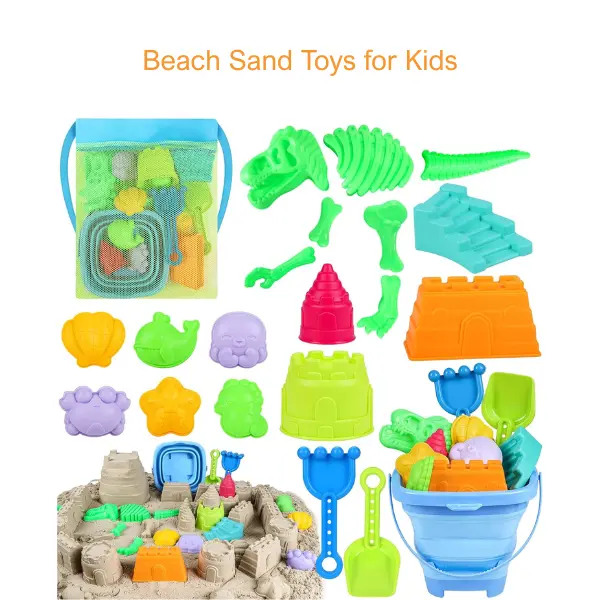 Beach Sand Toys for Kids, Dinosaur Fossil Sandbox Play Set with Collapsible Bucket, Shovel & Mesh Bag Summer Gift