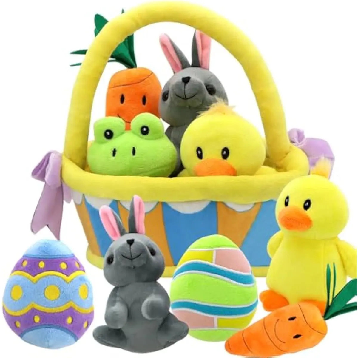 7 PCS Easter Basket Stuffers Playset Plush Bunny Chick Frog Carrot Egg Toys Party Favors Easter Decorations Party Gifts Supplies, Original Style Plush Baby, Girls Boys Toddler Kids of All Ages