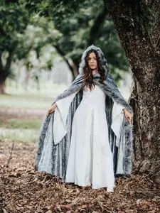 Silver Cloak with Large Hood, Gray Faux Fur Trim, and Metal Clasp - Medieval Viking Renaissance Cosplay Cape with hood