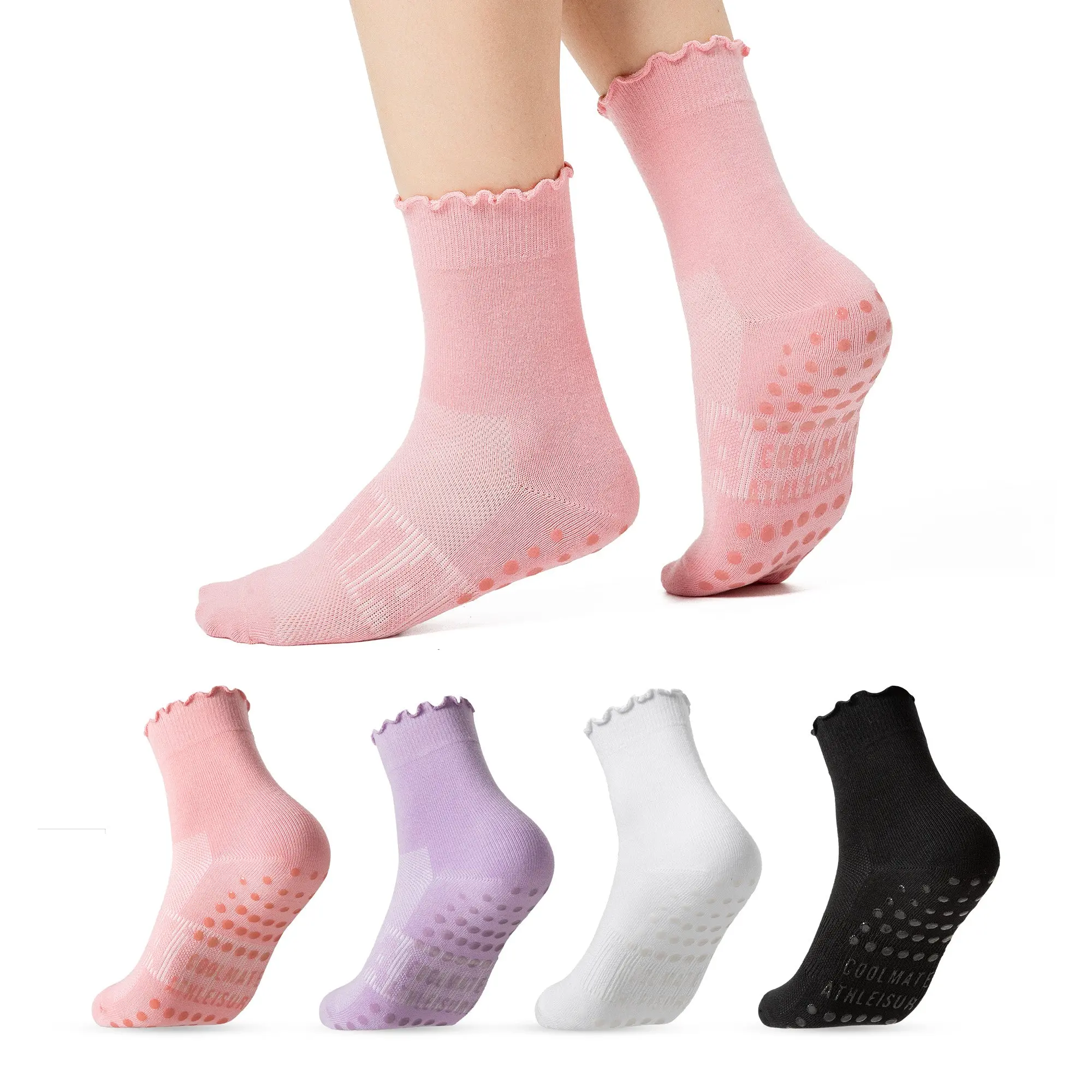 CoolMate Pilates Socks with Grips for Women, Yoga Socks, Crew Non Slip Women for Barre, Pilates Gifts (US, Numeric, 6, 10, Regular, Regular, A-06j. 4 Pairs Black/White/Light Purple/Pink Ruffle)