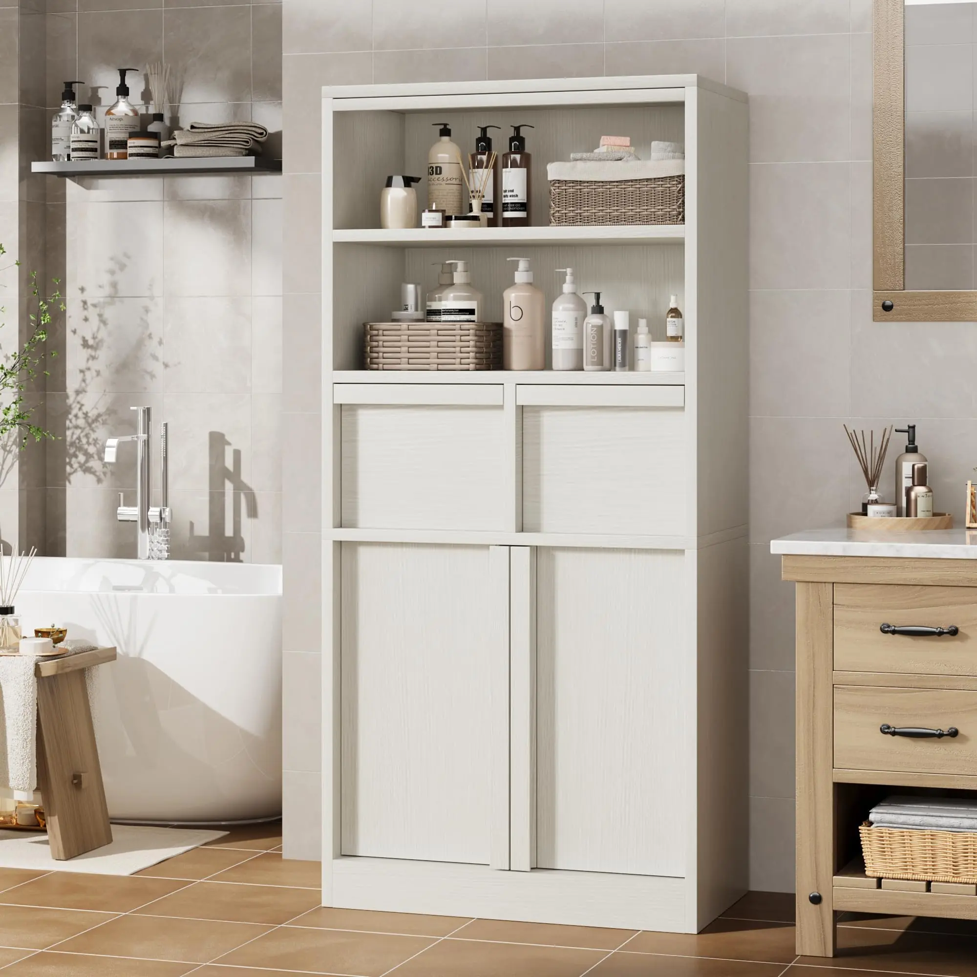 White 51" Tall Bathroom Cabinet - 23.6"L × 11.8"D × 50.9"H Freestanding Waterproof Organizer with Doors, 2 Drawers, Open Shelves, Easy to Assemble for Bathroom, Entryway, Kitchen