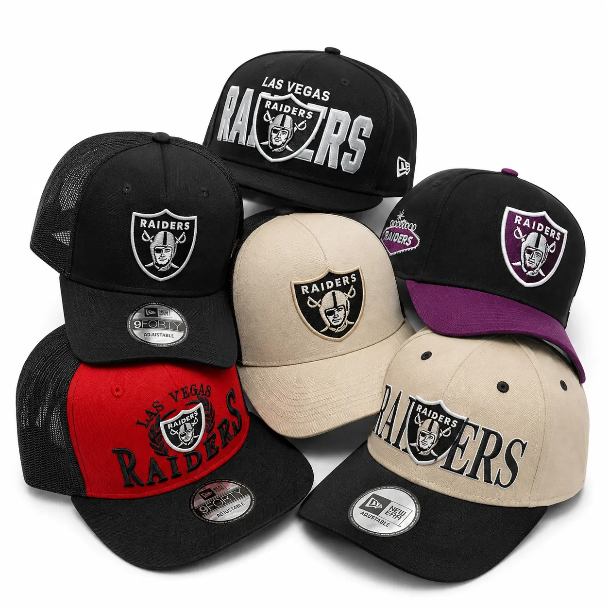 Las Vegas Raiders Hat Collection | New Era Adjustable Snapback & Trucker Caps | NFL Football Baseball Hats for Men & Women