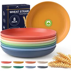 8-Pack 8inch  Unbreakable Deep Plastic Plates, Wheat Straw Camping Plates Dishwasher Safe Kitchen Plates Dinnerware Multicolor