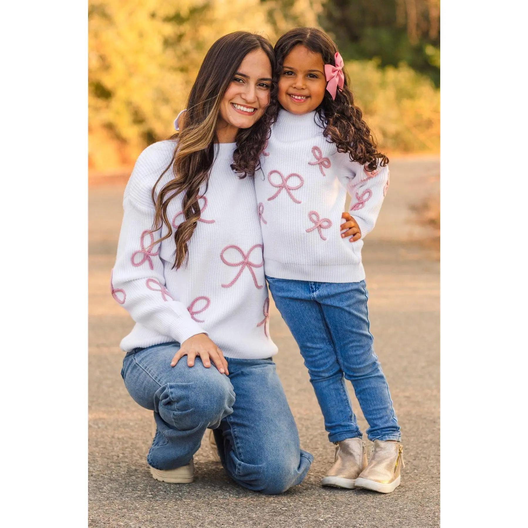 Sparkle In Pink Women's Mom & Me Long-Sleeve Breathable Casual Knit Sweater with White, Pink Bows
