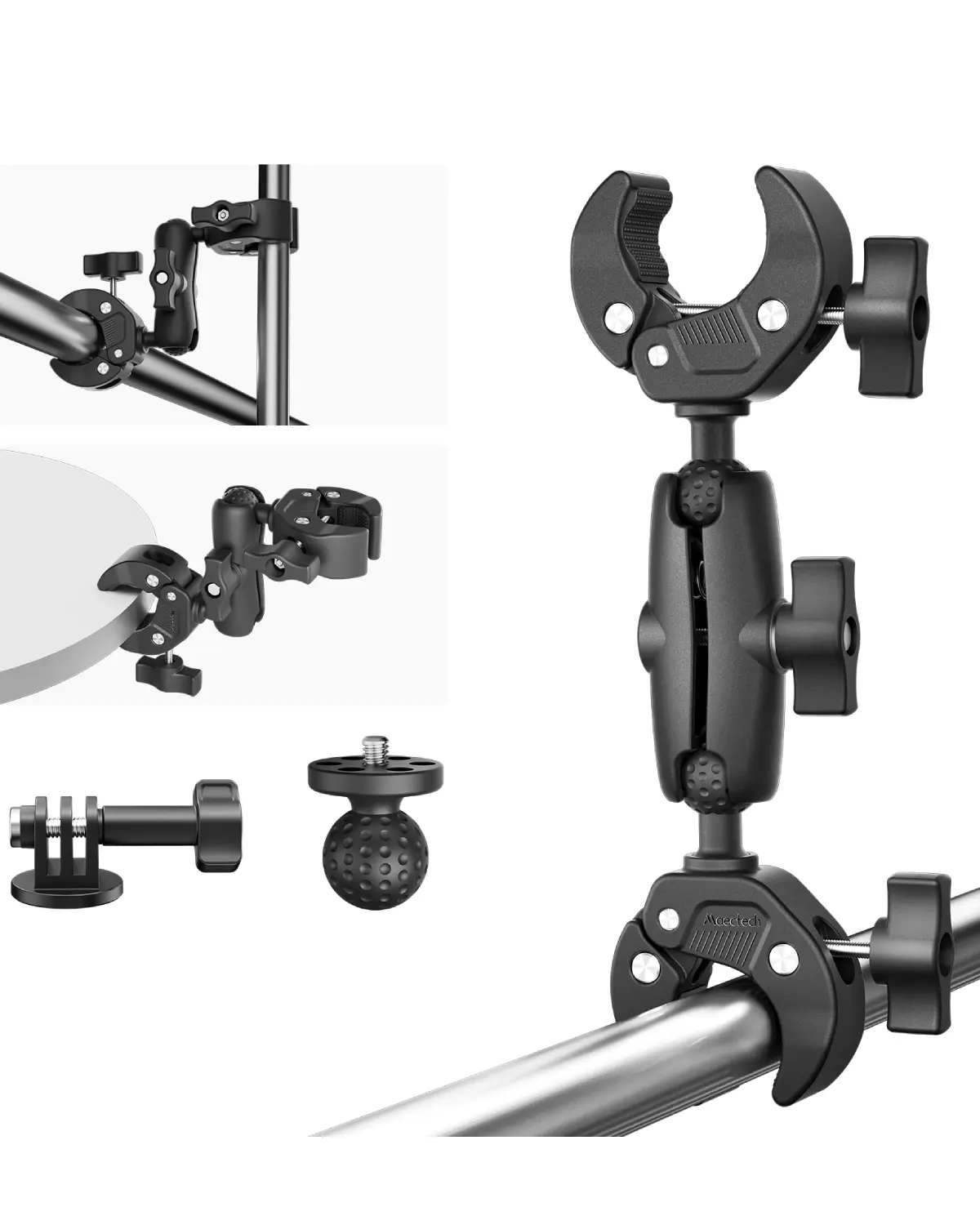 Maectech Double Super Clamp Mount - Glass Fiber Adjustable Jaw Swivel Camera Mount, Bicycle/Motorcycle Pole Holder, Accessory for 360 Cameras, Pocket 3, Recorders, Stage Lights, Boat, Baby Stroller