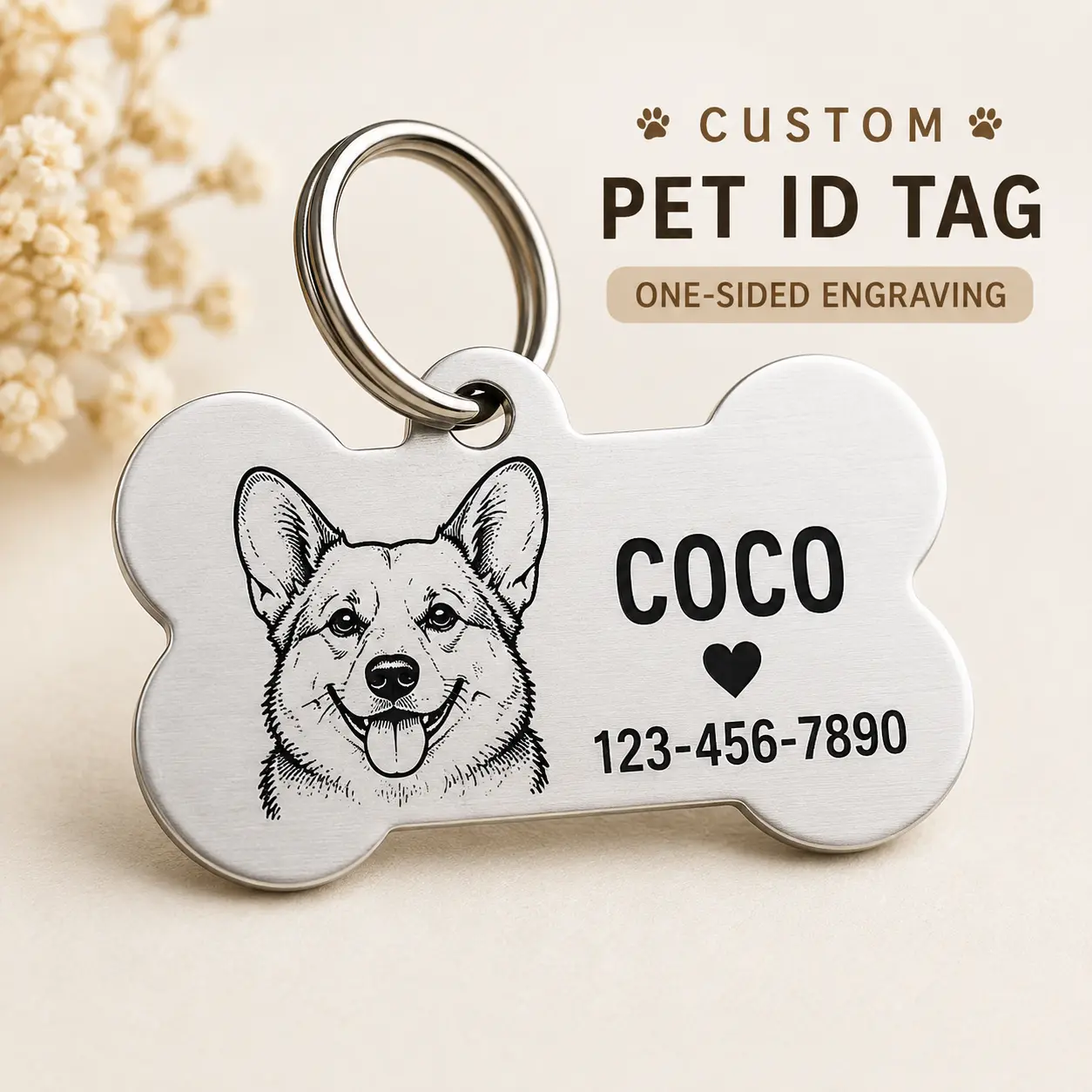 Custom Pet ID Tag - 1-Sided Engraved Stainless Steel Dog & Cat Accessory with Personalized Portrait, Name, and Phone Number