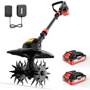 EWORK 20V Cordless Tiller Cultivator with 2 × 2.0Ah Batteries & Fast Charger, 9" Width 7" Depth Electric Garden Rototiller for Yard Lawn Soil Cultivation