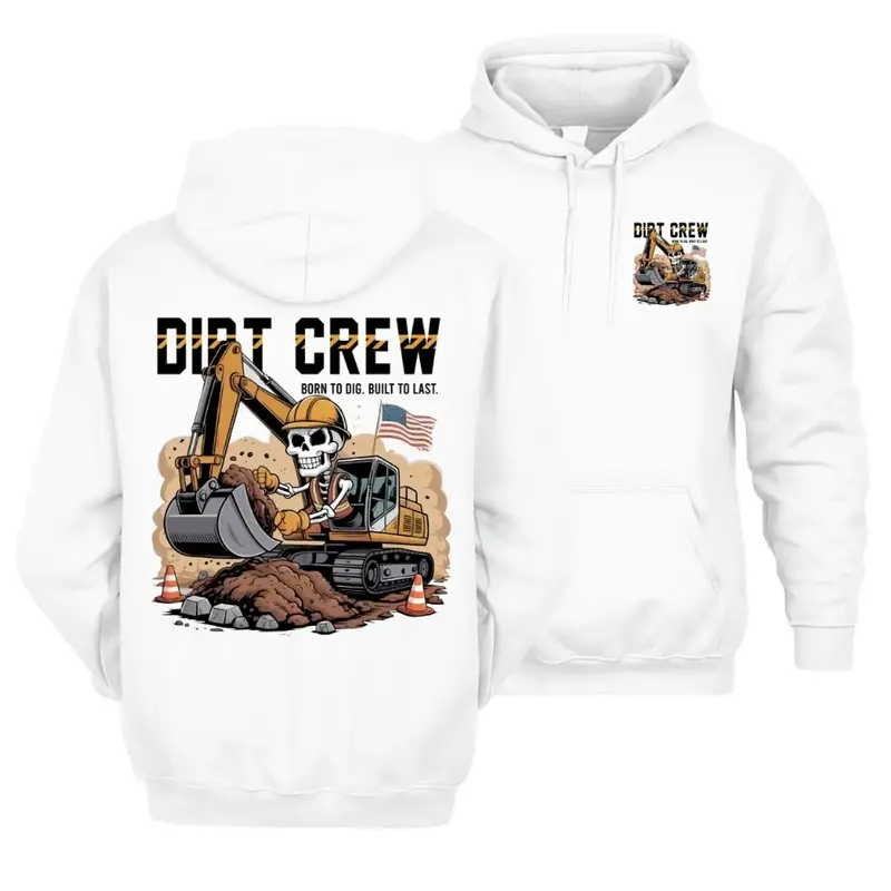 Women's Casual Long Sleeve Classic Scoop Neck Hoodie - Excavator Skeleton Operator Graphic, Heavy Equipment Construction Workwear Pullover, Built-To-Last Gift For Dirt Crew Laborers, Unisex Tops