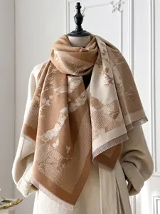 Women's Elegant Fall Winter Scarf, Faux Fur Soft Warm Shawl with Bird Print, Thick Woven Fabric, Perfect for Daily Wear & Travel, Fringe Trim Shawl