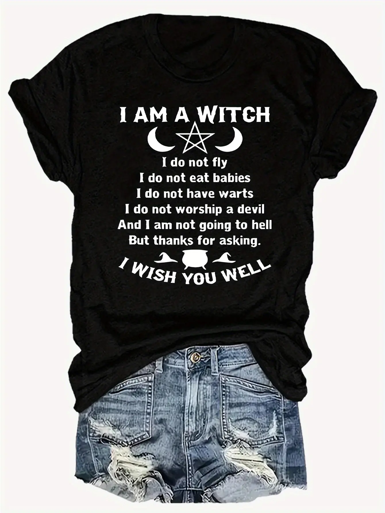 Women' Funny Witch-Themed T-Shirt with Humorous Sassy Witch Phrases - Loose Fit Round Neck Casual Top, Black for Casual Attire & Themed Parties - Comfortable Witch Costume Apparel