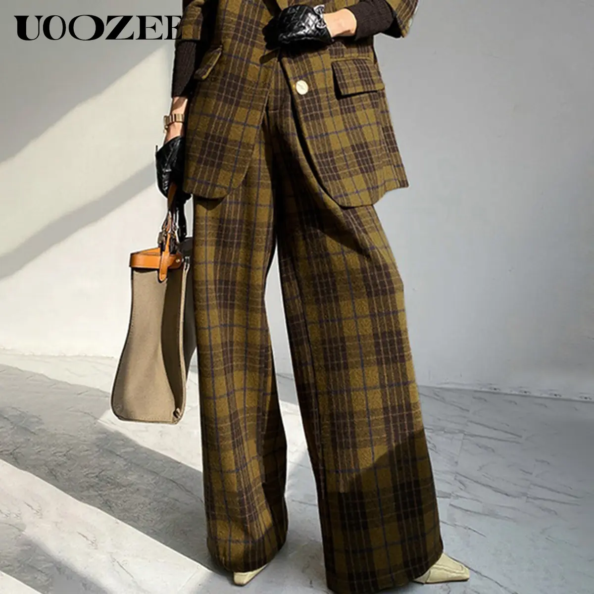 UOOZEE Women's Thick Polyester Vintage Tartan High-Waisted Loose Broad-Leg Long Bottom Pants with Pockets - Autumn Winter Machine-Washable Elegant Casual Bottoms for Teachers (Smaller Hip Fit: Check Size Guide or Order 1 Size Larger), Tartan Pants