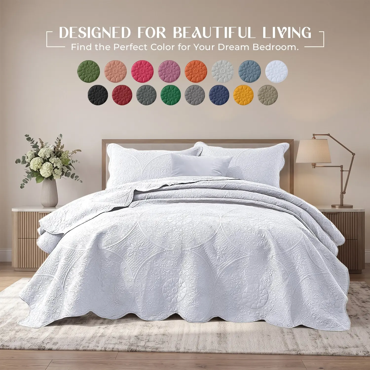 Oxford Homeware Embossed Floral Quilted Bedspread Set – Soft Microfiber Lightweight Coverlet with Pillow Sham(s), wrinkle resistant, Machine Washable, Twin/Full Queen/King/California King sizes