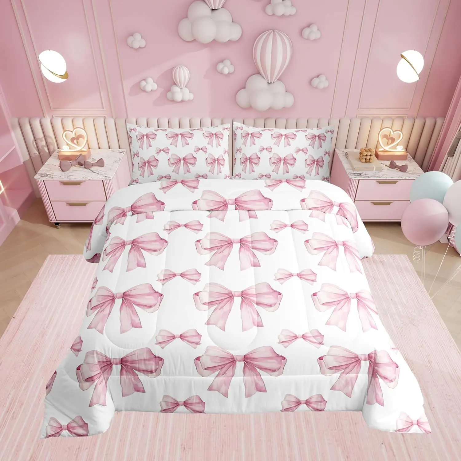 Feelyou Pink Bow Motif Duvet Set - Women's Multi-Size Princess Bedding, Breathable Soft Blanket, Romantic Valentine Travel-Friendly Soft Bedding