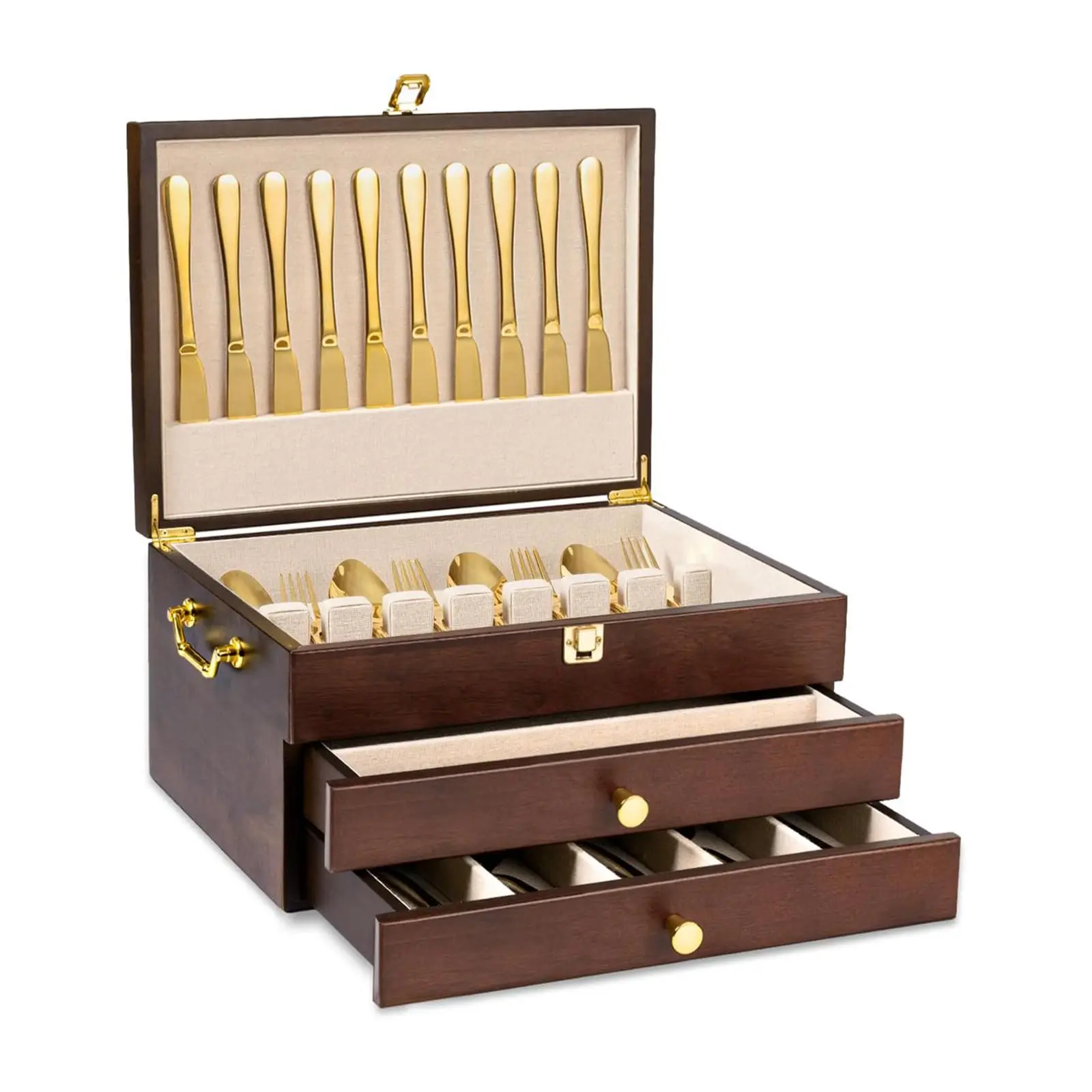 Emfogo 3-Layer Wooden Silverware Storage Box with Drawer, Rustic Flatware Chest with Handle and Linen Lining, Walnut