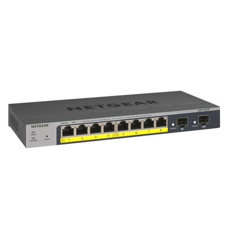 NETGEAR GS110TP-300NAS Smart Managed Pro PoE+ Network Switch - 8x GB Ports, 2 x Gigabit Ethernet Uplink, Power Over Ethernet, Environmentally Friendly, Expansion Slot, Versatile Media Type Support, 2.6 lbs, Power Supply