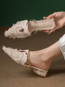 Women's White Textured Fringe-Trimmed Pointed-Toe Mules, Slip-On Casual Walking Shoes, Comfortable Breathable Slippers, Lightweight Slide Sandals, Rubber