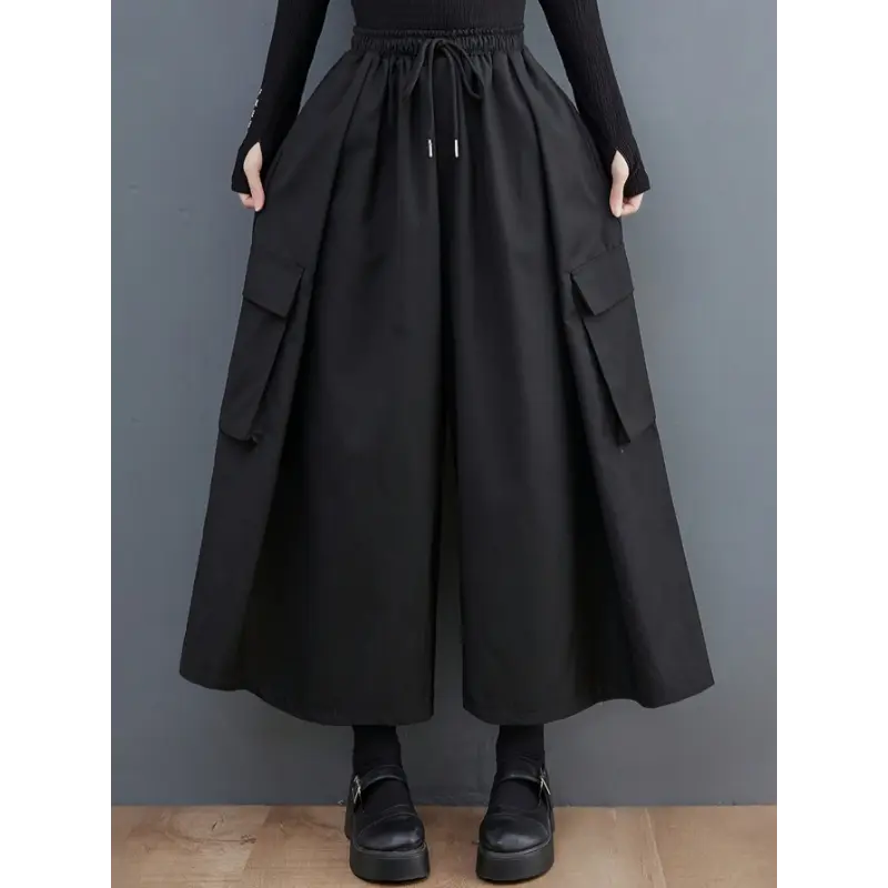 Women'S Elegant Solid Color Culottes, 100% Polyester with 2% Elastane, Loose Fit, Drawstring Waist, Woven Fabric, 100g/m², for Spring/Summer/Fall - Adult Fashion Wide Leg Pants Bottoms Womenswear