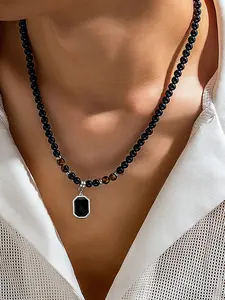 Handcrafted Beaded Artificial Crystal Necklace with Square Stone Pendant, Statement Necklace, Elegant Fashion Accessory for Everyday Wear, Perfect Gift for Meditation and Healing