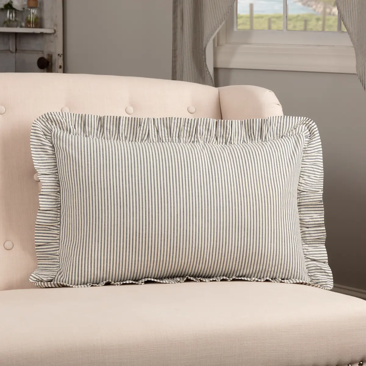 Americana Seersucker Blue Ticking Stripe Pillow - 14x22