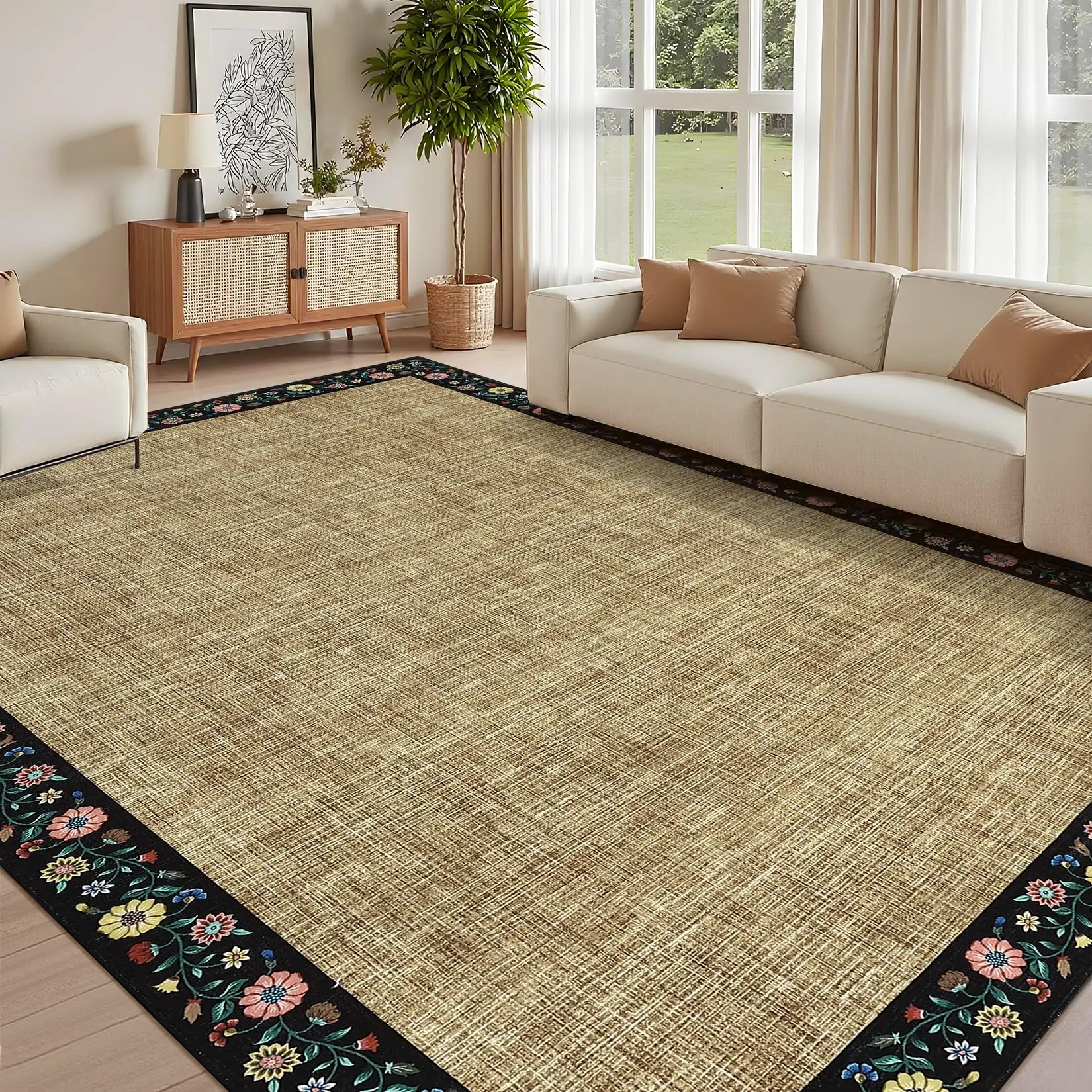 Garvee Washable Rugs for Living ROM 8 x 10 Large Area Rug Farmhouse Floral Bordered Bedroom Carpet Indoor Non-Slip Nursery Mat Soft Non Shedding Stain Resistant Carpet for Dining Room, Brown