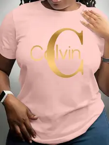 Women's Casual Short Sleeve Crew Neck Cotton T-Shirt – Calvin Monogram Gold Graphic Print, Beige, Machine Washable Spring & Summer Top, Soft Skin-Friendly Fabric, Daily Versatile, Fashion Design