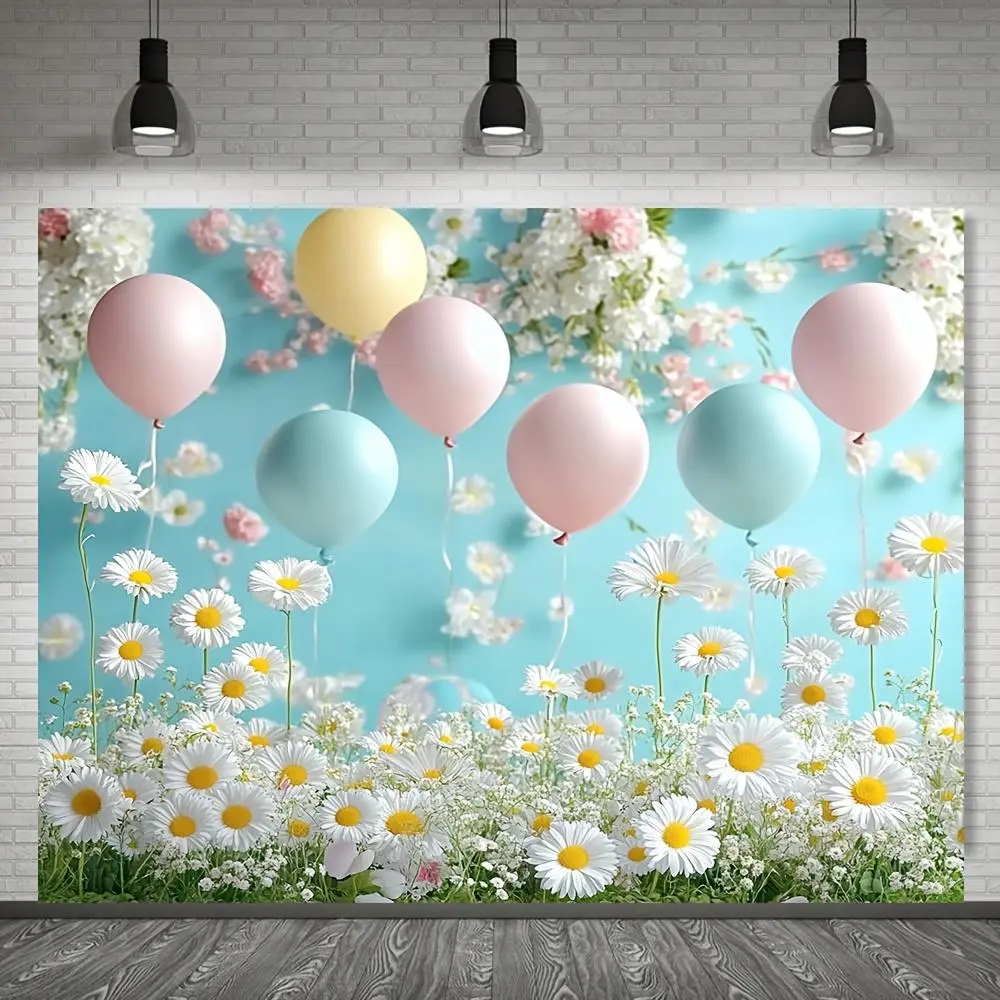 1PC Polyester Reusable 2D Flat Daisy Balloon Flower Backdrop Banner, Blush Pink & Blue Fresh Floral Cloth for Kids' Happy Birthday Party Photo Decorations