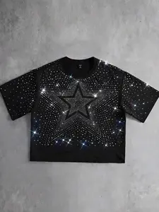 Men's Oversized Rhinestone Graphic T-Shirt, Sparkling Gradient Glitter Loose Fit Streetwear Tee