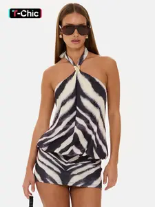 Women's Zebra Print Metal Decor Halter Dress, Trendy Animal Print Design, Perfect for Casual, Party and Formal Wear, Slim Fit Evening Gown