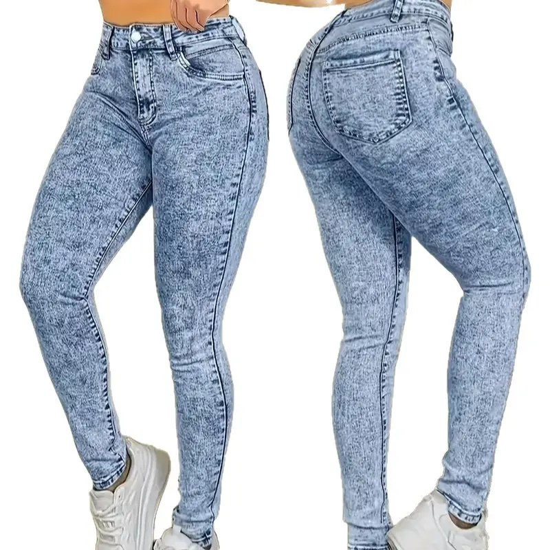 2026 Light Blue Snowflake Wash Women's Jeans, Mid-Rise, Medium Stretch, Flattering and Slimming Pencil Jeans
