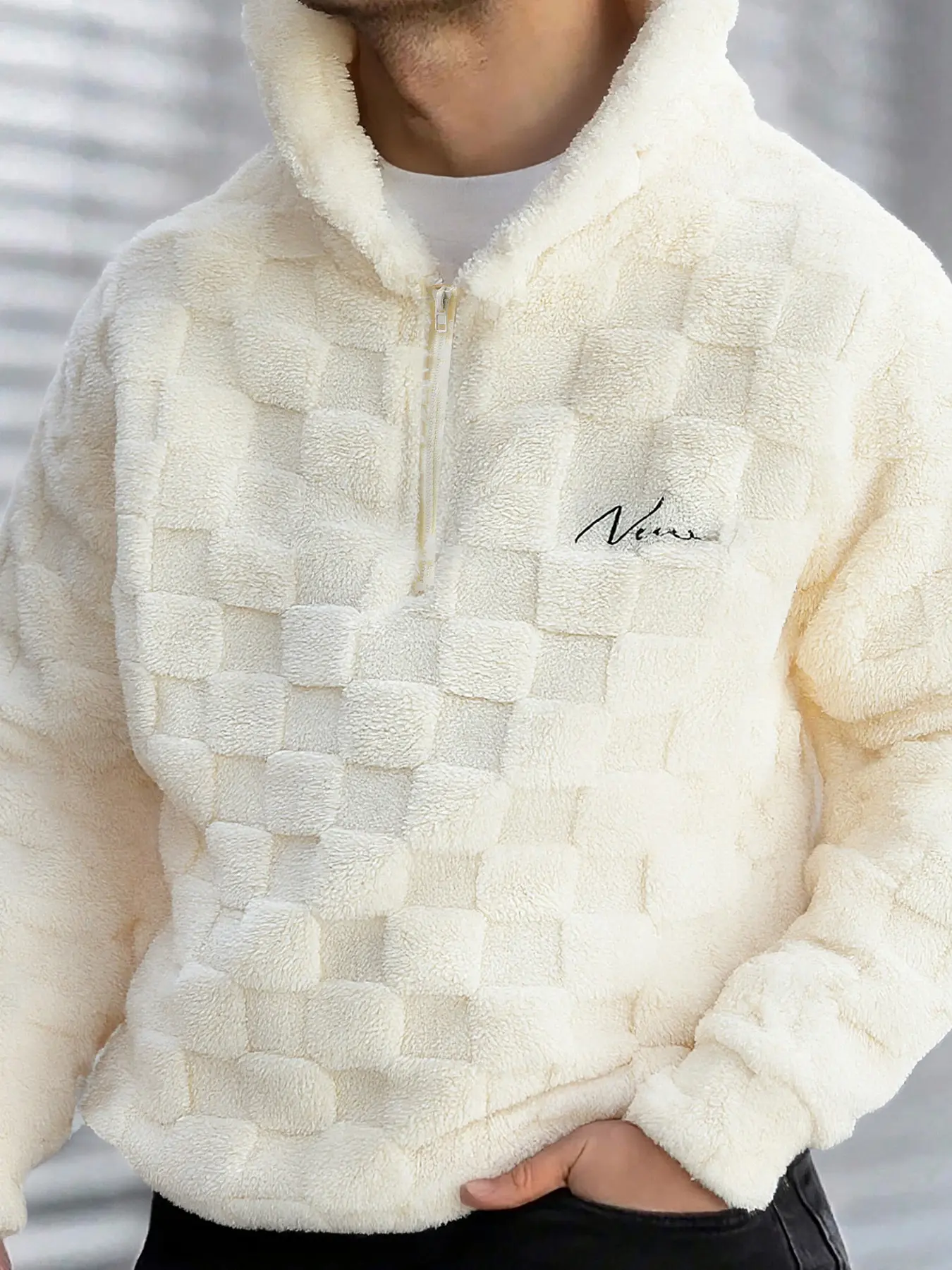 Men's Fleece Soft Sweatshirt 'venus' Embroidered Half-Zip Fitted, Casual, Textured Plaid Design, Winter Daily Wear, Super Warm Streetwear, Stand Collar Pullover Tops, Long Sleeve