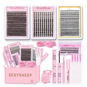 4 Box Mix Lashes Clusters Kit Gift Packs with Bond&Seal&Lashes Clip&Remove&Eyelash Tweezers&Brush Soft Extension False Eyelash D Curl Wispy Natural DIY Individual Fake Eyelashes for Beginners Bulk Pack