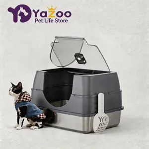 Cat Litter Box Stainless Steel 20L with Lid  ，Stainless Steel Large Foldable Litter Box Enclosure with Lid, Drawer for Easy Cleaning, Semi-Enclosed Design for Privacy & Odor Control, Metal Cat Litter Tray, Metal Litter Box #Summervibes #petlovers