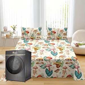Mushroom & Plants Print Decorative Bedding Set, Including 1 Count Duvet Cover & 1 Count Or 2 Counts Pillowcase & 1 Count Flat Sheet, Soft Comfortable Bedding Set for Home Bedroom