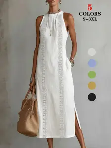 2026 Summer Women's Short Sleeve Long Dress Slit Solid Color Loose Fit Fashion Casual Womenswear Maxi Dresses for Ladies Daily Wear Vacation Beach Going Out Trendy Summer Women Clothing
