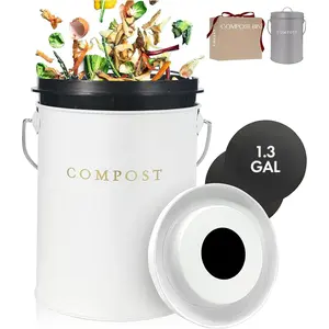 1.3 Gallon White Indoor Odorless Compost Bin with Lid for Kitchen Countertop, Stainless Steel Food Waste Scrap Container Composter Caddy
