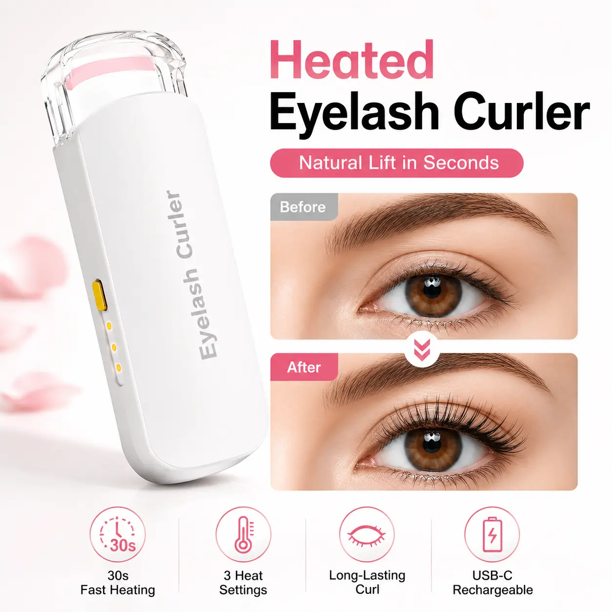 Heated Eyelash Curler, USB Rechargeable Electric Eyelash Curler with 3 Heat Settings, Silicone Heating Pad, Electric Lash Curler for Long-Lasting Natural Curl