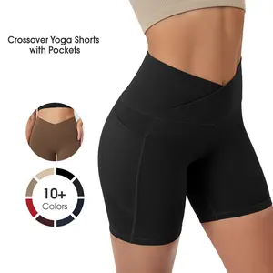 ODODOS Cloud Feeling Cross Waist Yoga Shorts with Pockets for Women, 6" Crossover High Waist Lounge Biker Shorts summerwins