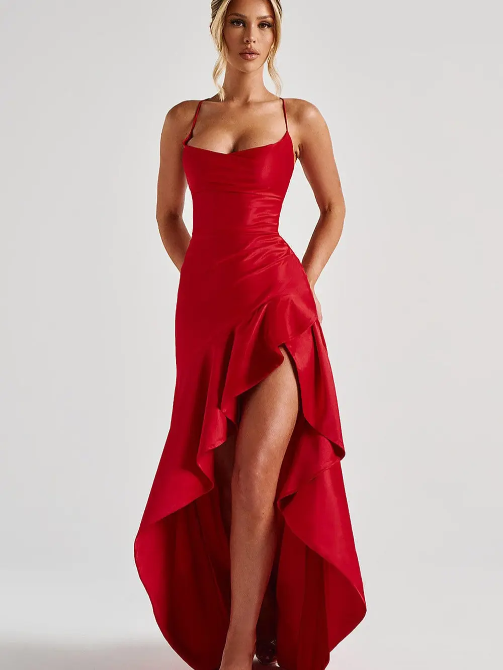 2026 NEW Women's Chic Formal Red High-Low Dress with Asymmetrical Hem, Ruched Detailing for Special Occasions lace detail