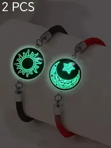 2pcs Couple Moon Sun Star Glow-In-The-Dark Bracelets, Fashionable Unique Design, High-End Friendship Jewelry, Valentine's Day Gift, Bracelet Set