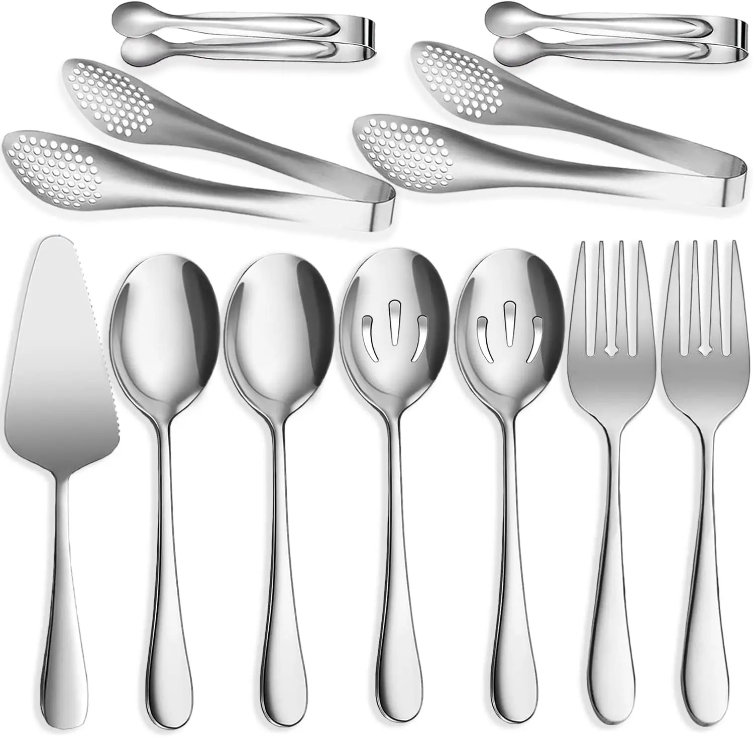 A Set of 12/11 Pcs Serving Utensils,Large Stainless Steel Spoons Forks Tongs,Pie Server,Ideal for Hostess Buffet Catering Banquet Party,Halloween Christmas Fathersdaygift,Hand Tools Kits